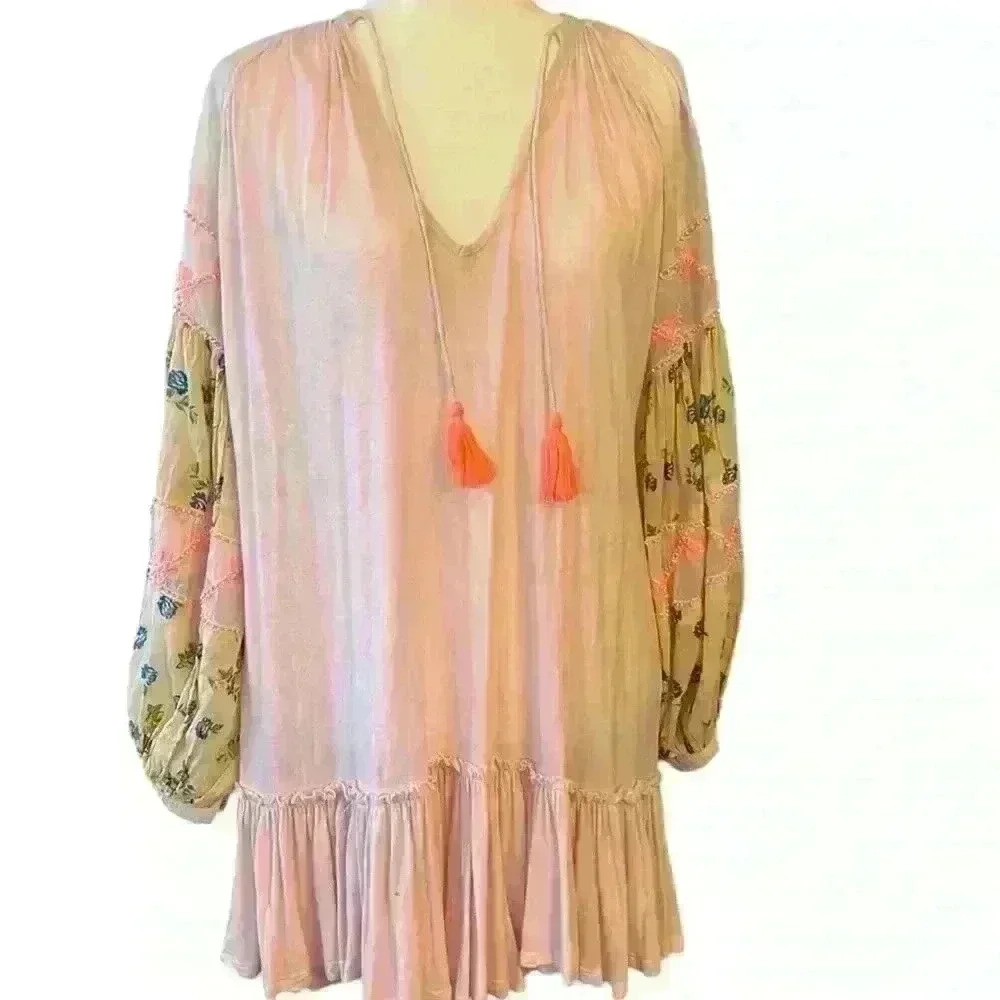 Free People Mix It Up Peach Tunic/ Dress Embroidered Sleeves Size Small